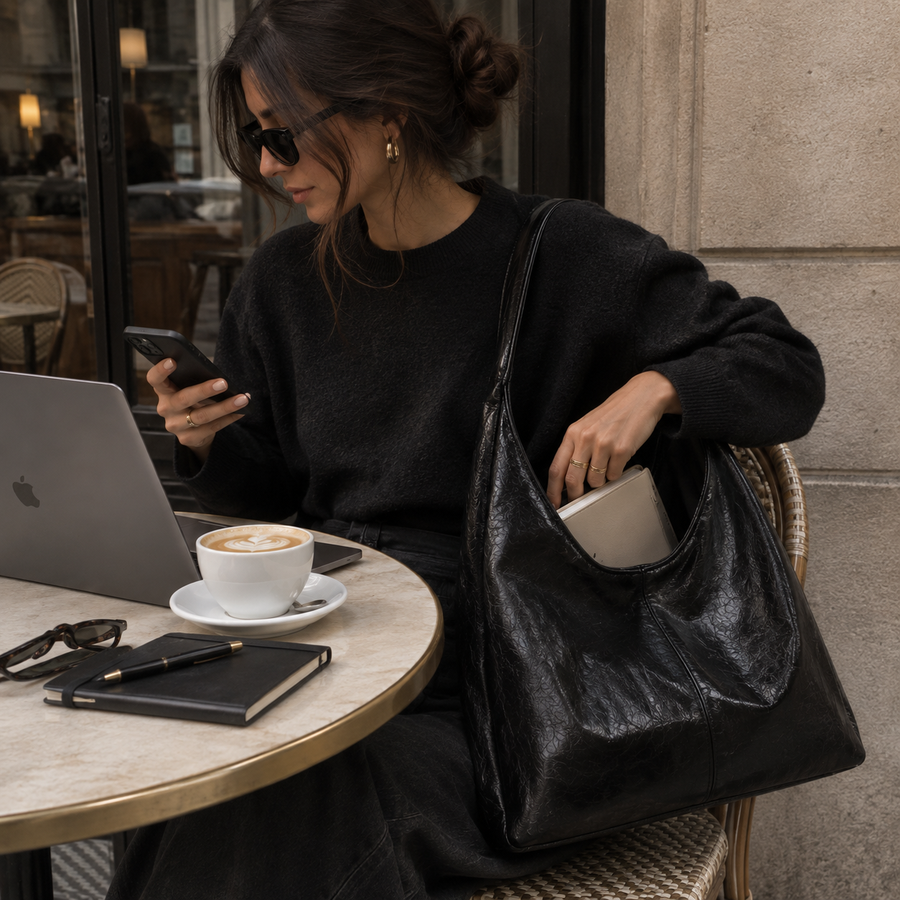 Bolso Firenze negro en una cafetería, junto al portátil