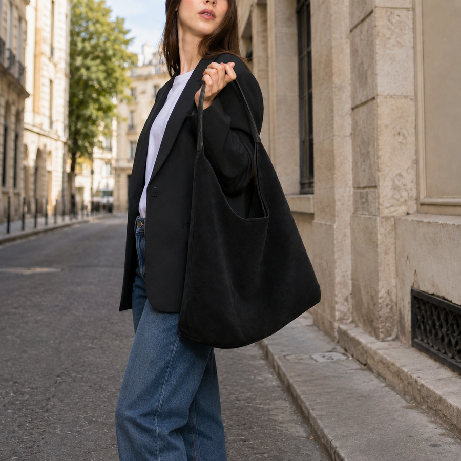 Bolso Siena en Negro llevado al hombro por la calle