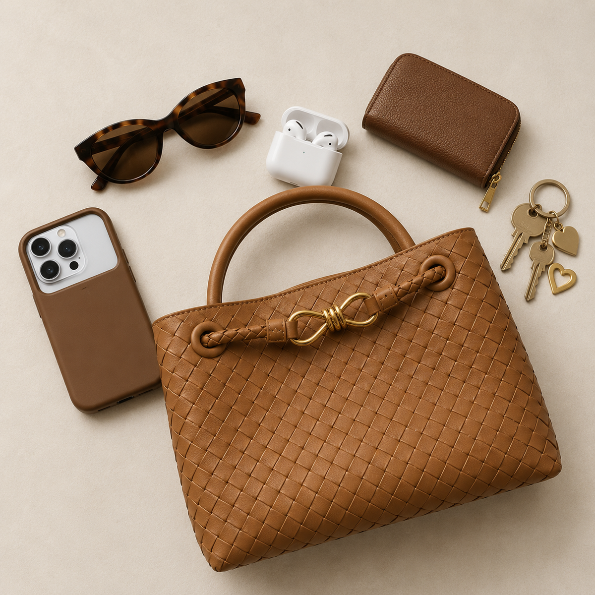 Bolso Positano con el móvil, la cartera, las gafas y las llaves al lado