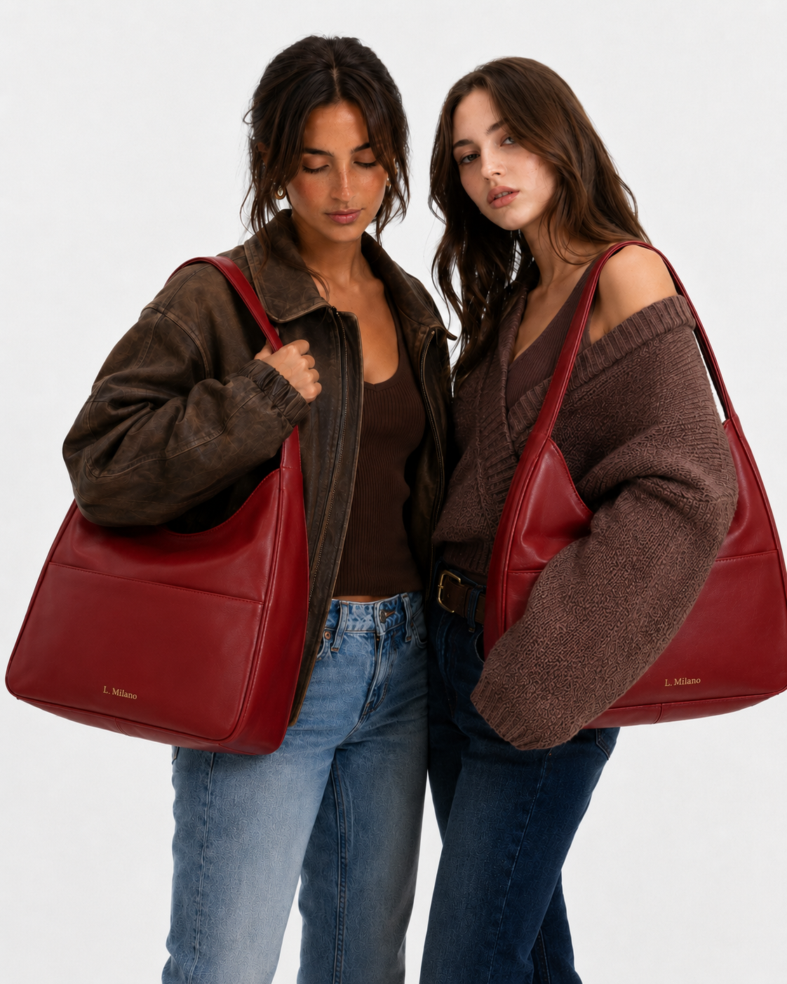 Bolso Milano en rojo burdeos, con dos modelos