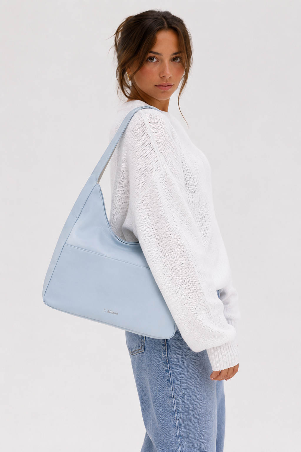 Bolso Milano en azul grisáceo, de perfil