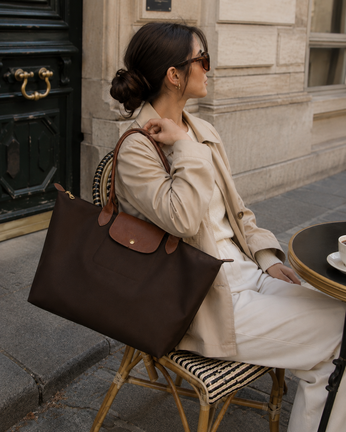 Bolso Verona en marrón, sentada en una terraza