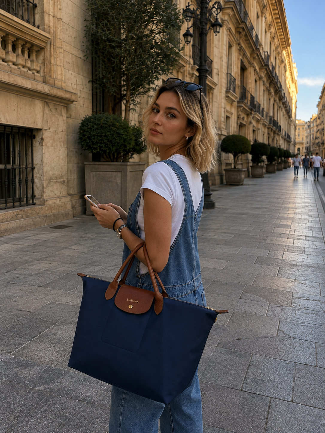 Bolso Verona en azul, llevado al hombro por la calle
