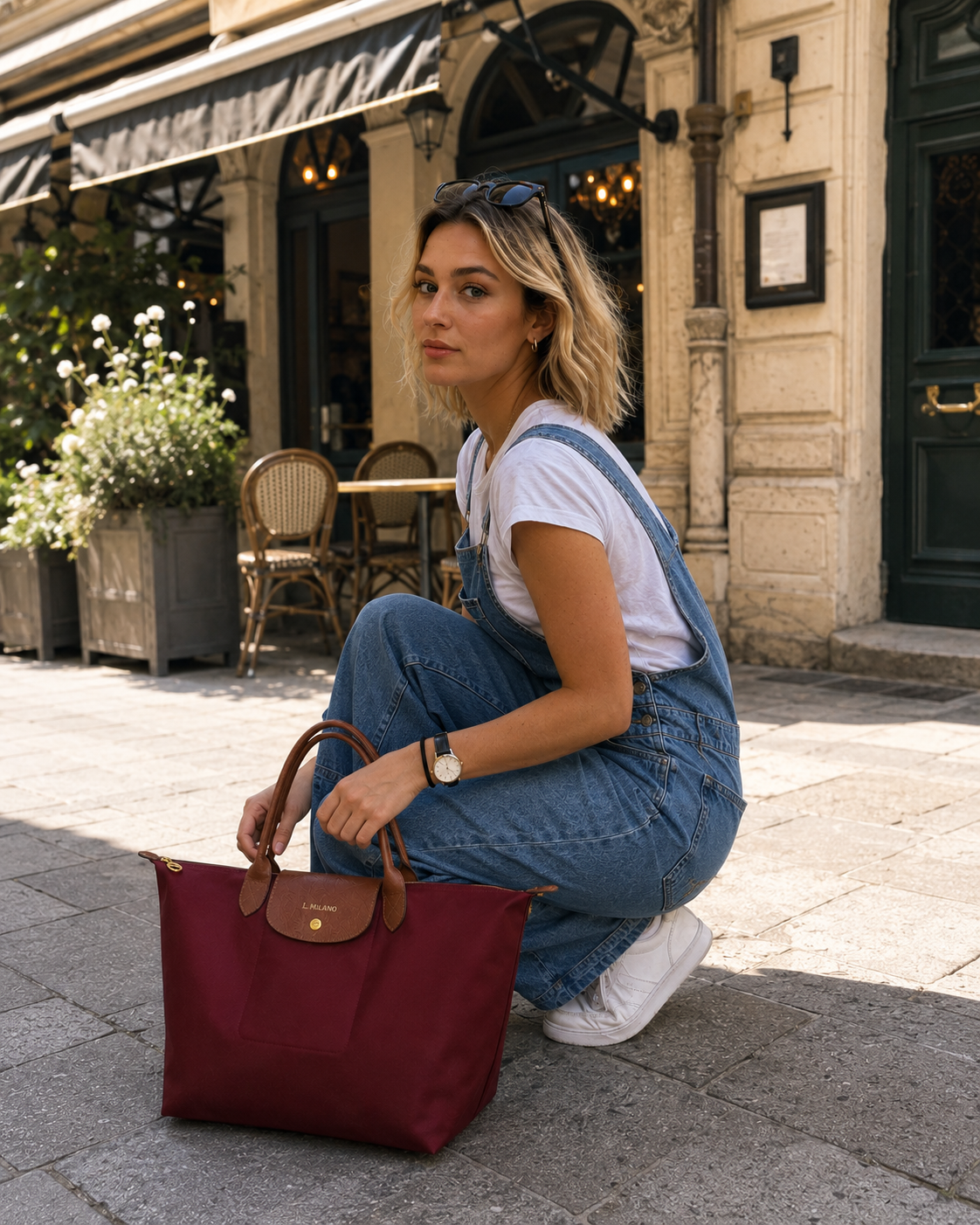 Bolso Verona en burdeos, agachada en una terraza
