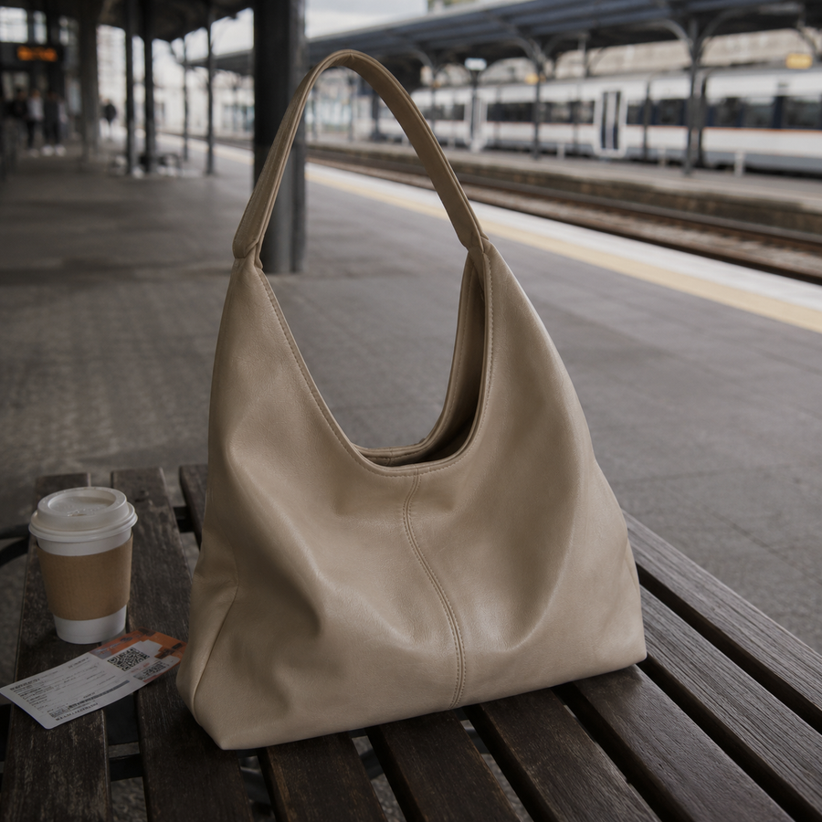 Bolso Firenze beige apoyado en un banco de madera