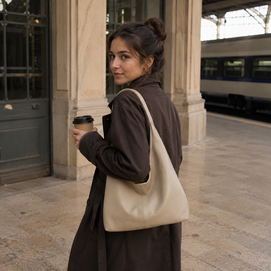 Bolso Firenze beige llevado al hombro con un café en la mano