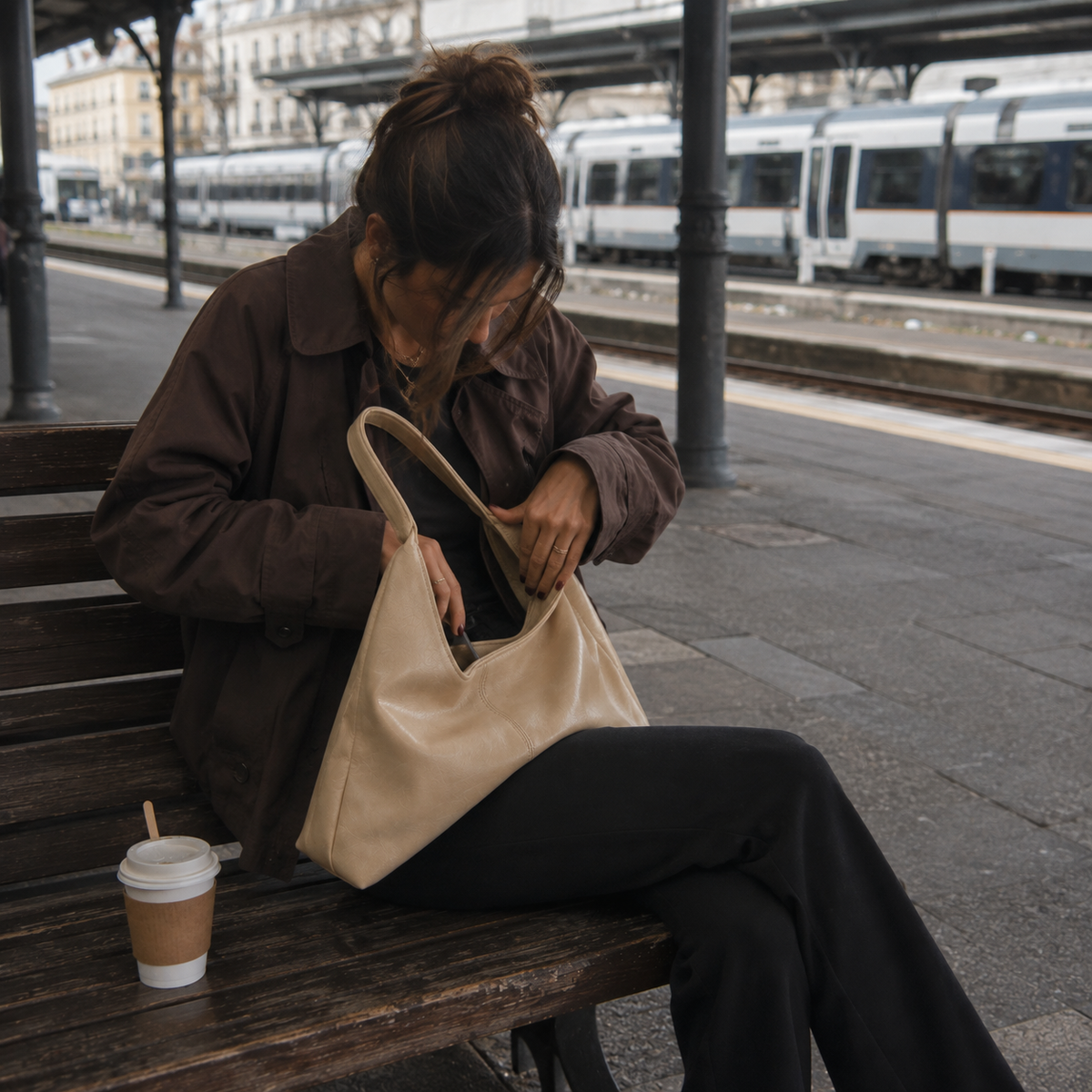 Bolso Firenze beige sentada en un banco de la estación