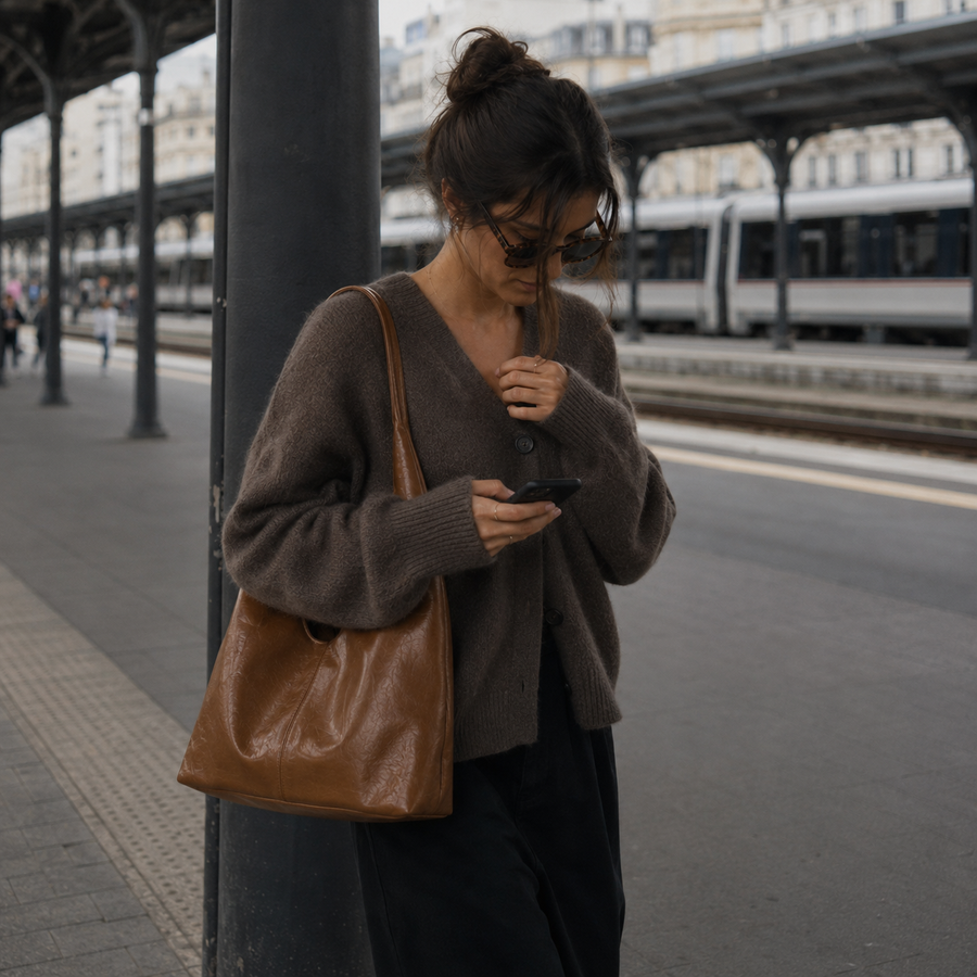 Bolso Firenze marrón llevado al hombro en el andén de la estación