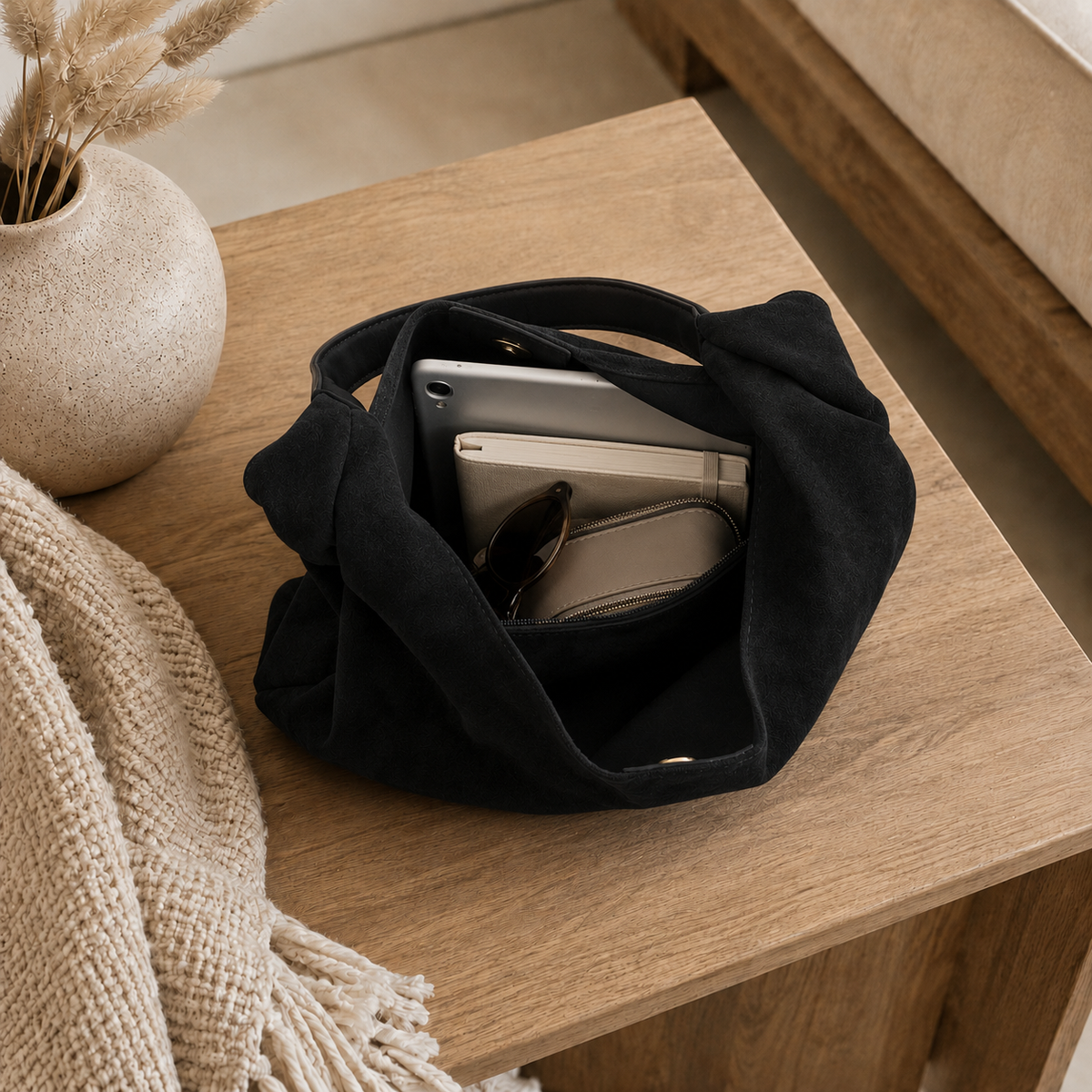 Bolso Siena en Negro abierto, con el portátil y lo esencial dentro