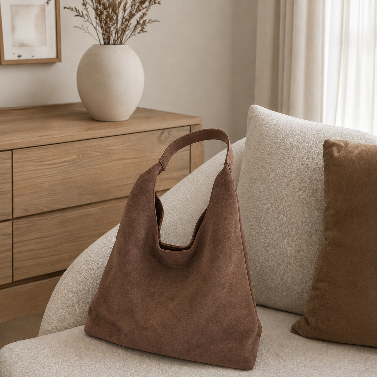 Bolso Siena en Marrón apoyado en un sofá