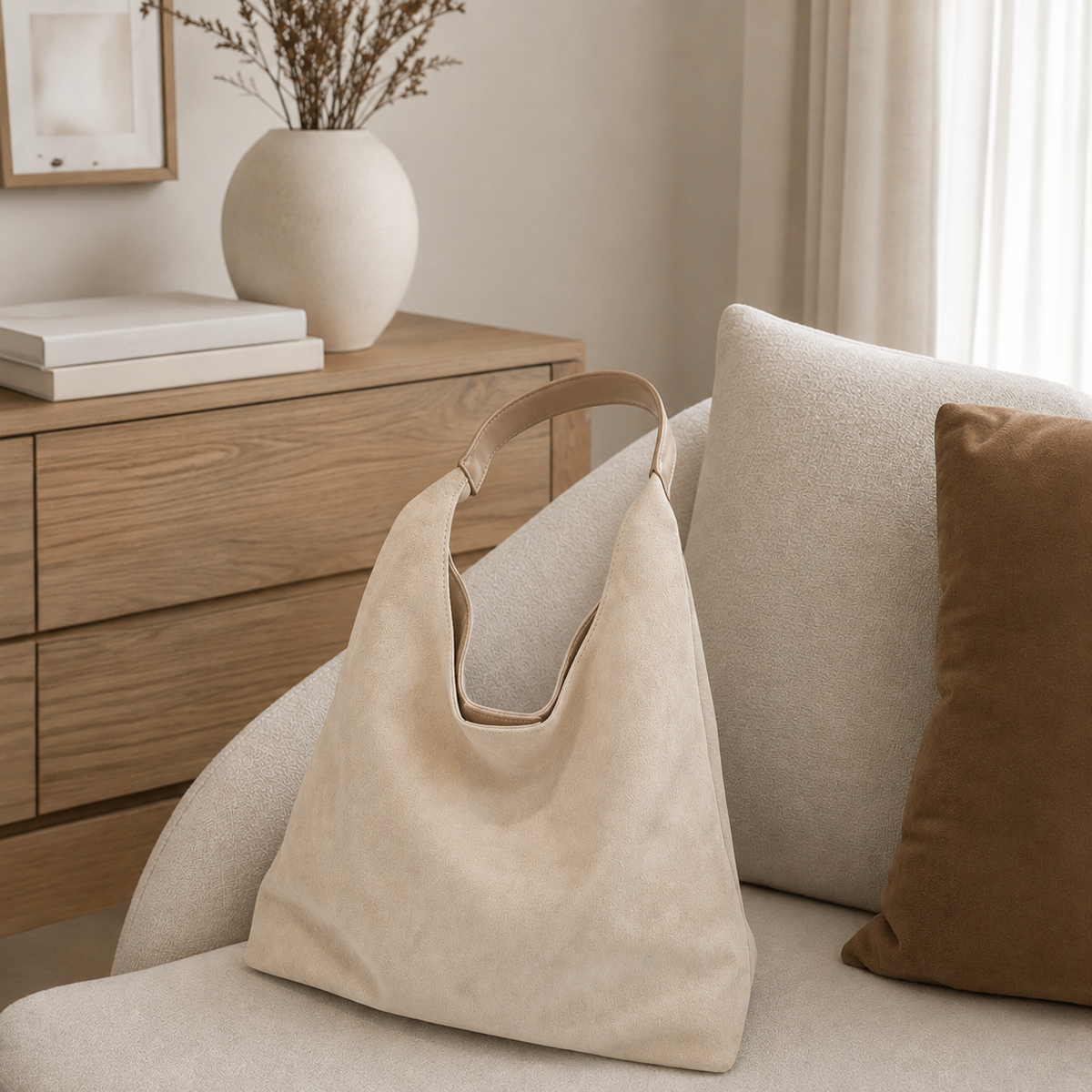 Bolso Siena en Beige apoyado en un sofá