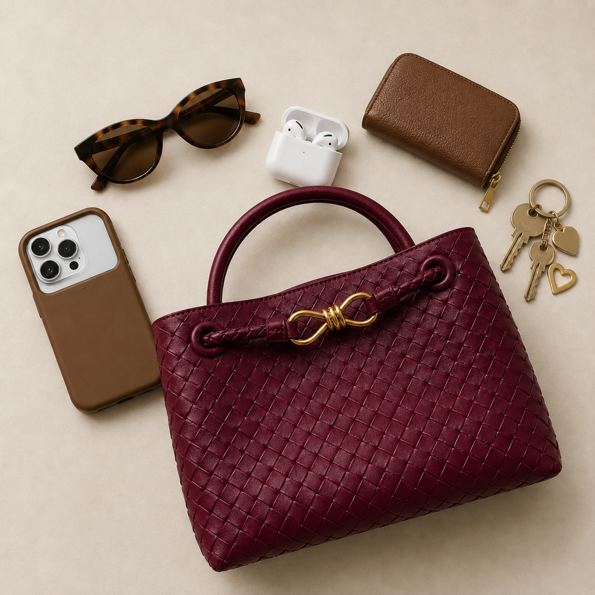 Bolso Positano en Burdeos con el móvil, las gafas y las llaves al lado