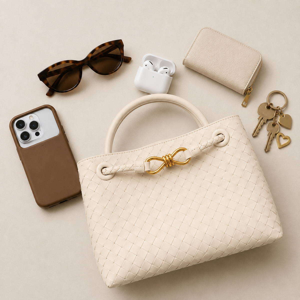 Bolso Positano en Crema con el móvil, las gafas y las llaves al lado