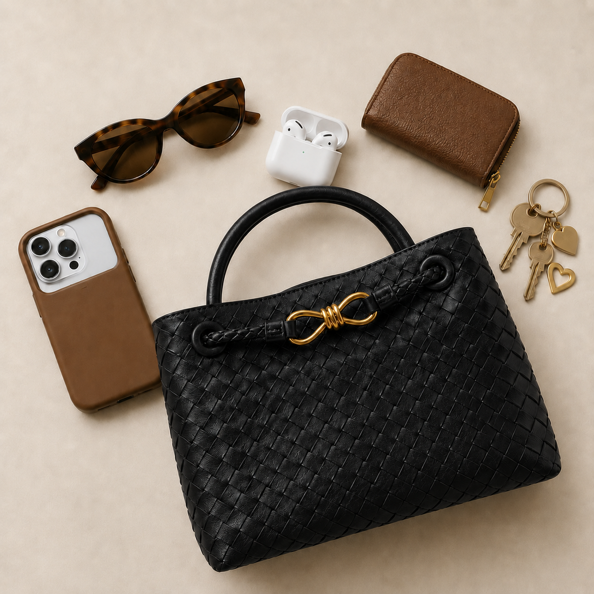 Bolso Positano en Negro con el móvil, las gafas y las llaves al lado