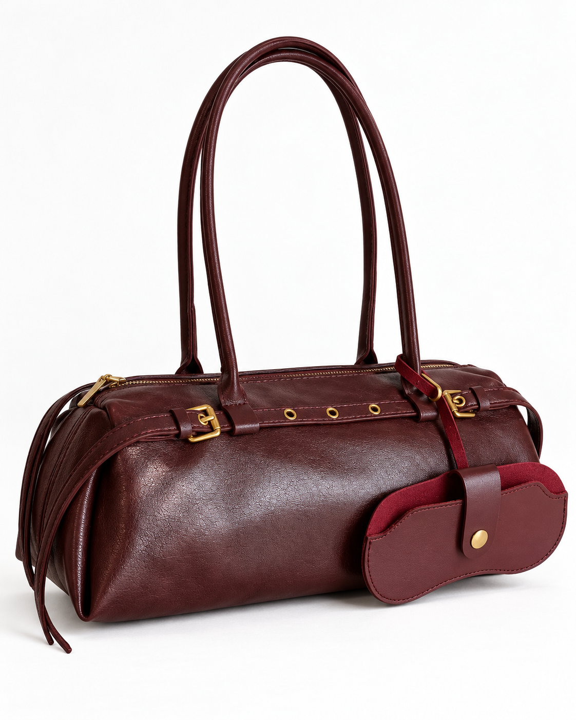 Bolso barril Bari burdeos con funda de gafas, sobre fondo blanco
