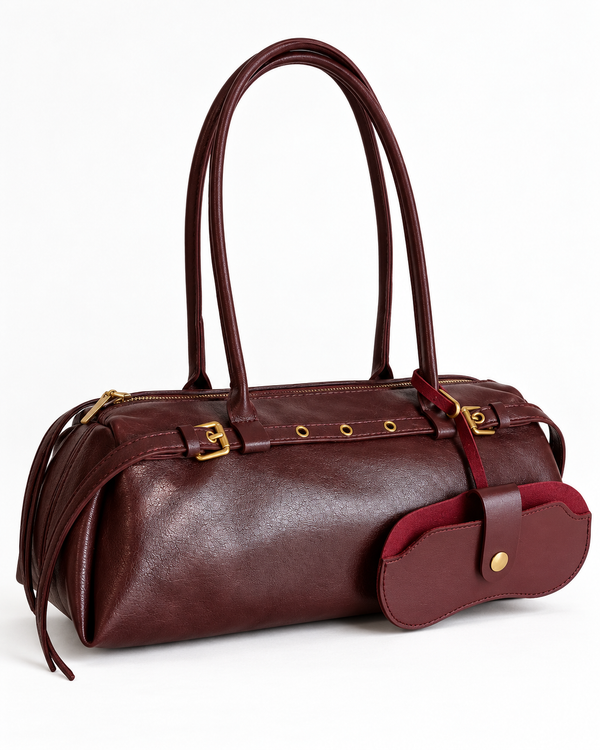 Bolso barril Bari burdeos con funda de gafas, sobre fondo blanco