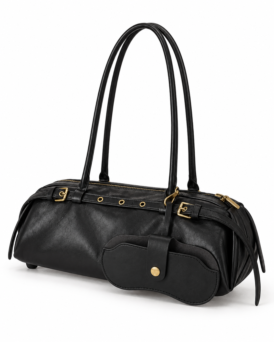 Bolso barril Bari negro con funda de gafas, sobre fondo blanco