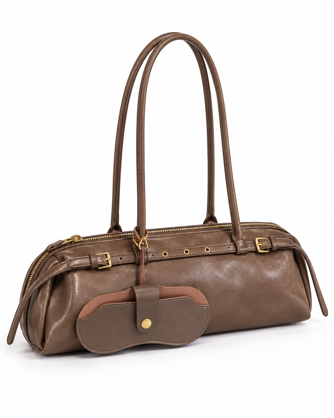 Bolso barril Bari topo con funda de gafas, sobre fondo blanco