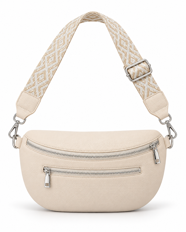 Riñonera bandolera Bergamo beige con correa ancha, sobre fondo blanco