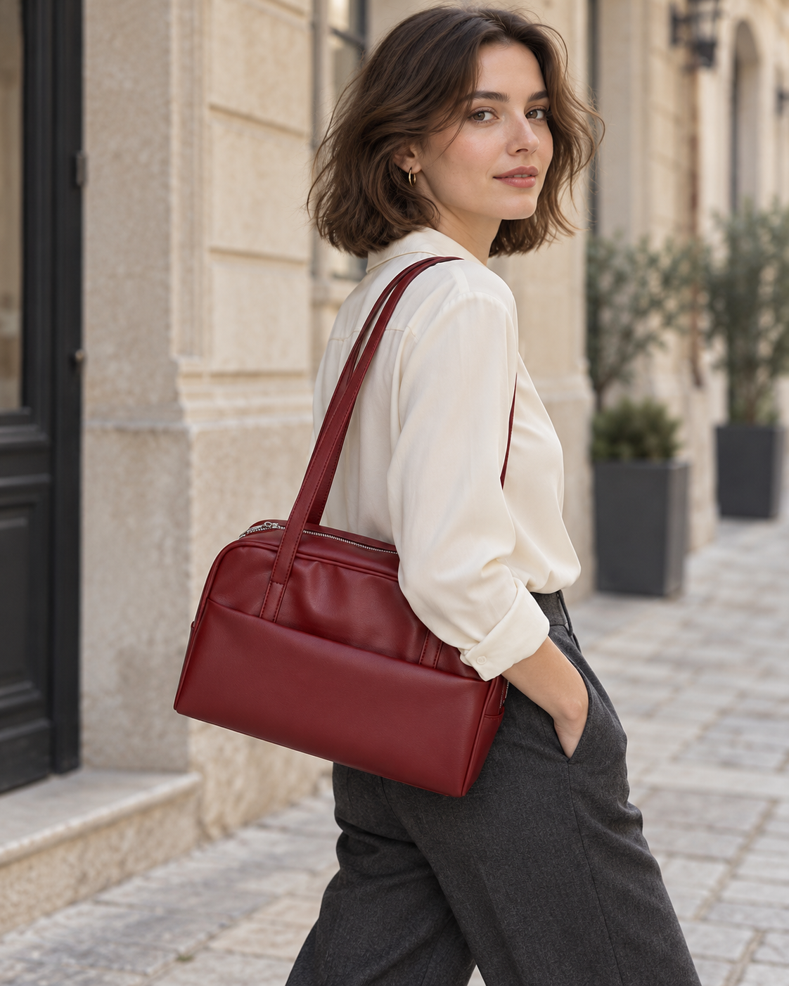 Bolso Como burdeos llevado al hombro por la calle
