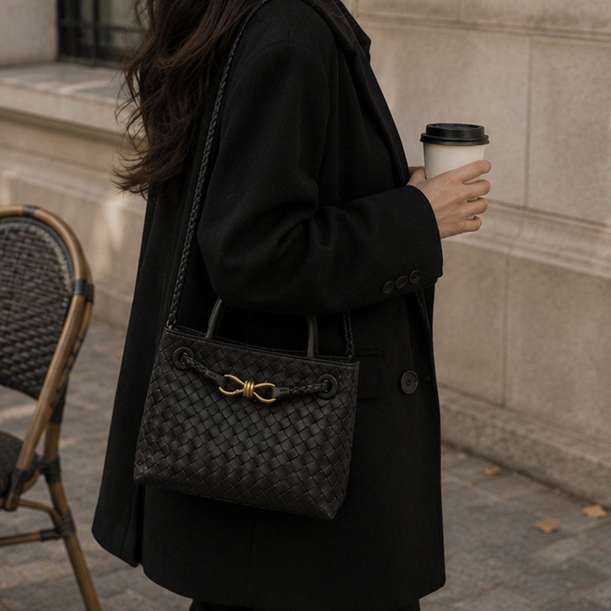 Bolso Positano en Negro llevado al hombro por la calle