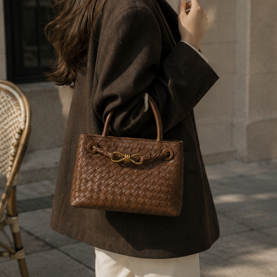 Bolso Positano en Marrón llevado por la calle con abrigo