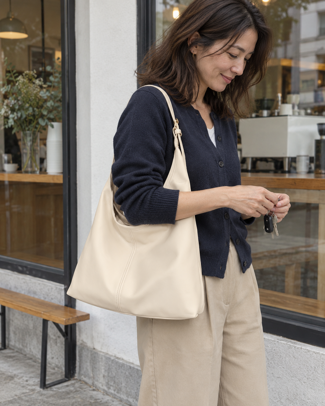 Bolso Lucca marfil llevado al hombro