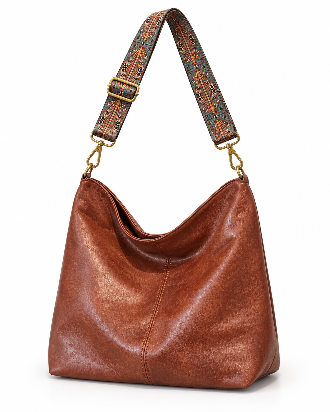 Bolso saco Pisa marrón con correa ancha estampada, sobre fondo blanco
