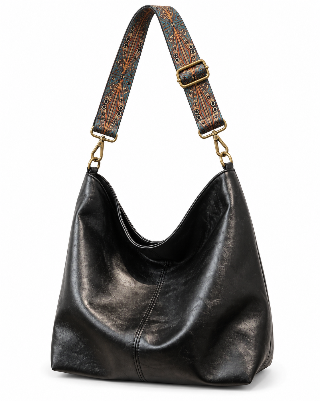 Bolso saco Pisa negro con correa ancha estampada, sobre fondo blanco