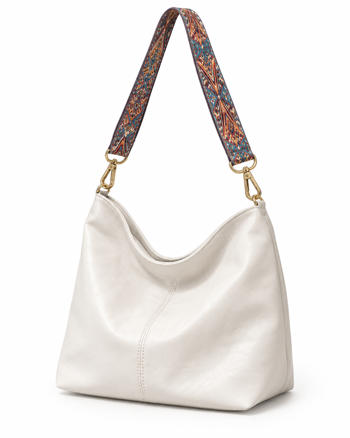 Bolso saco Pisa blanco con correa ancha estampada, sobre fondo blanco