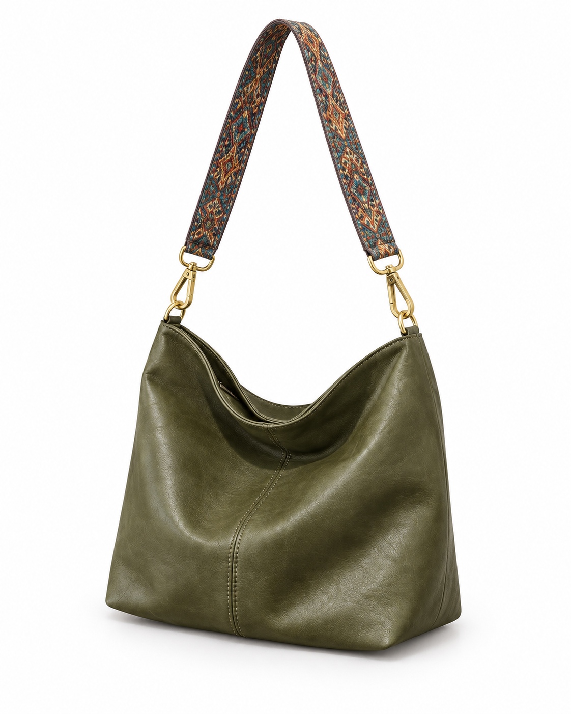 Bolso saco Pisa verde con correa ancha estampada, sobre fondo blanco