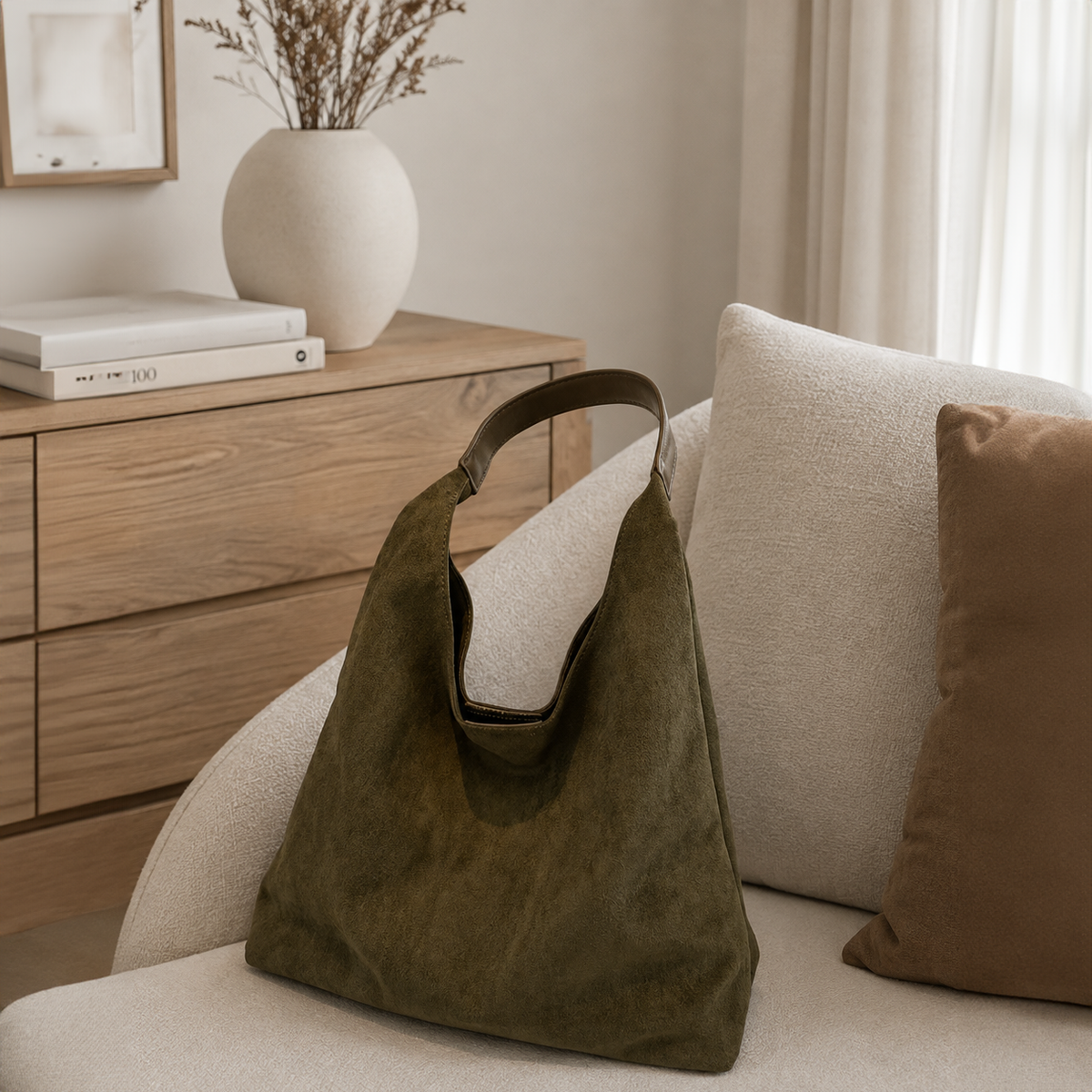 Bolso Siena en Caqui apoyado en un sofá
